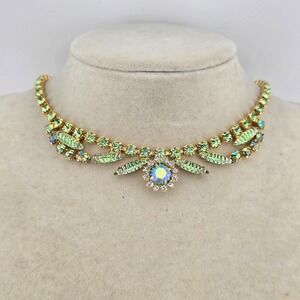 Vintage Juliana Style Green Art Glass & Aurora Borealis Rhinestone Necklace